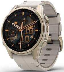 Часы Garmin Fenix 8 43mm Amoled Sapphire Titanium, золотистый, серый кожаный ремешок (010-02903-40)